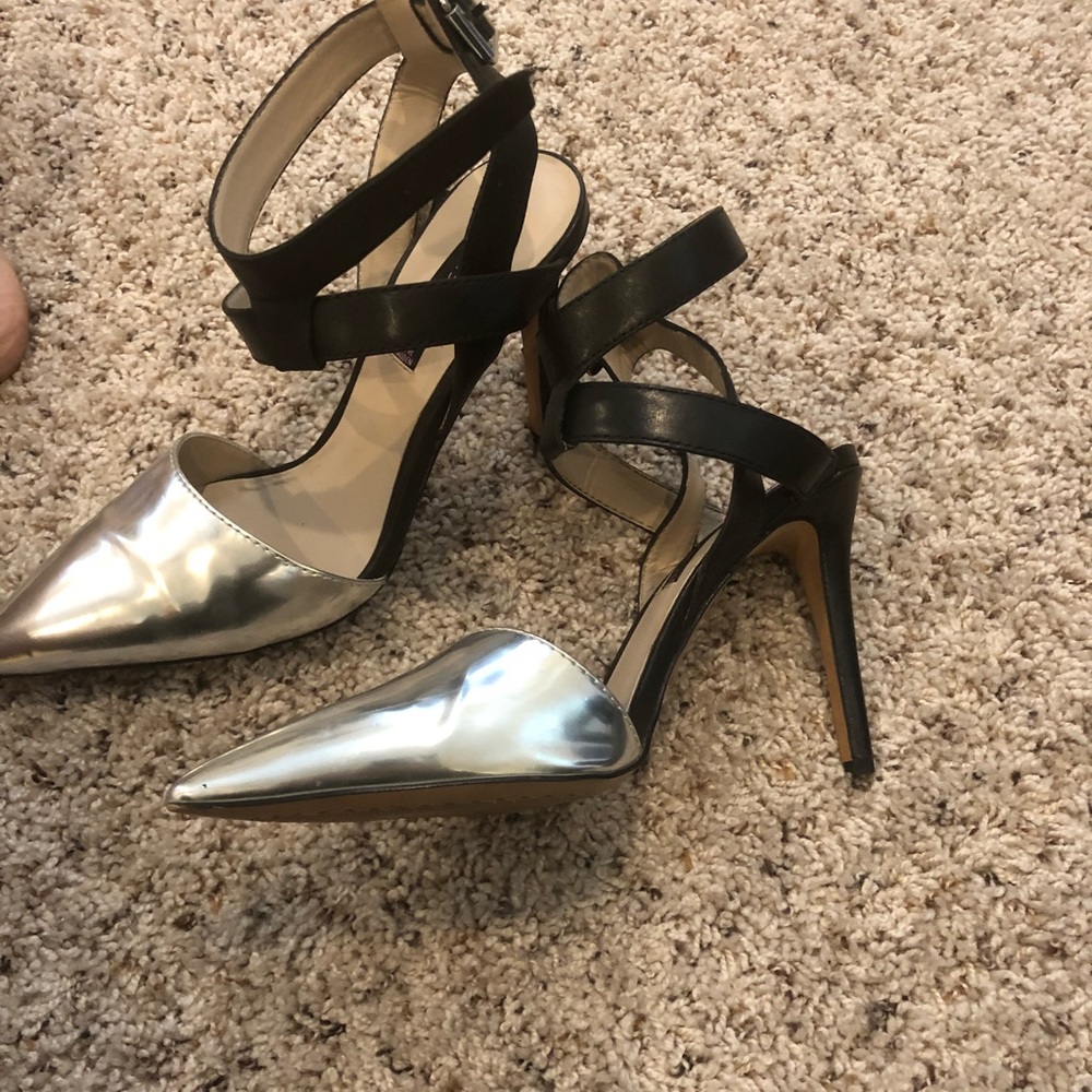 Silver ankle strap stilettos!